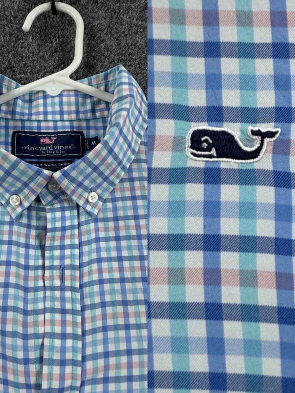 Vineyard Vines Nylon Polyester Logo Slim Fit Whale Mens Medium Check Blue Preppy